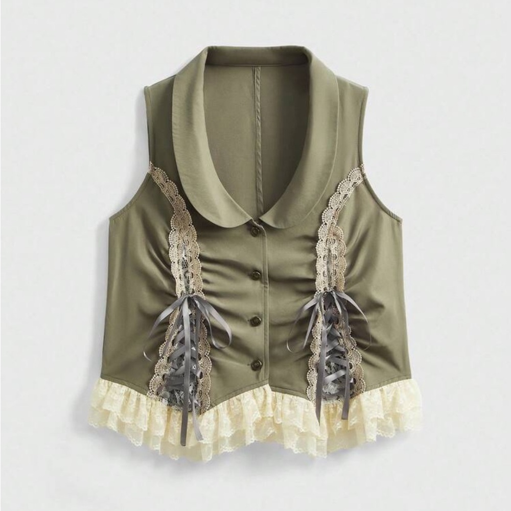 ROMWE Olive Green Lace Trim Vest